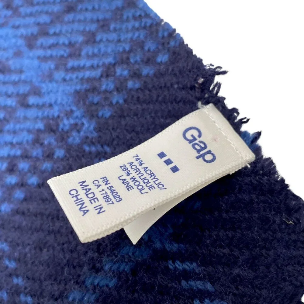 GAP Blue Plaid Scarf Acrylic Wool Blend Fringe Oblong Muffler 11.5x70